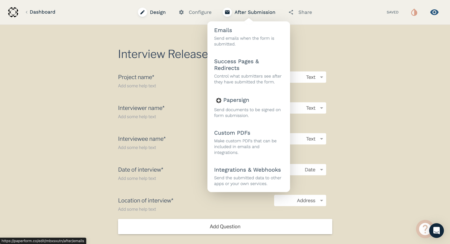 After Submission and Integrations &amp; Webhooks