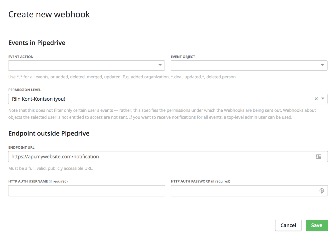 Settings, Tools and apps, Webhooks