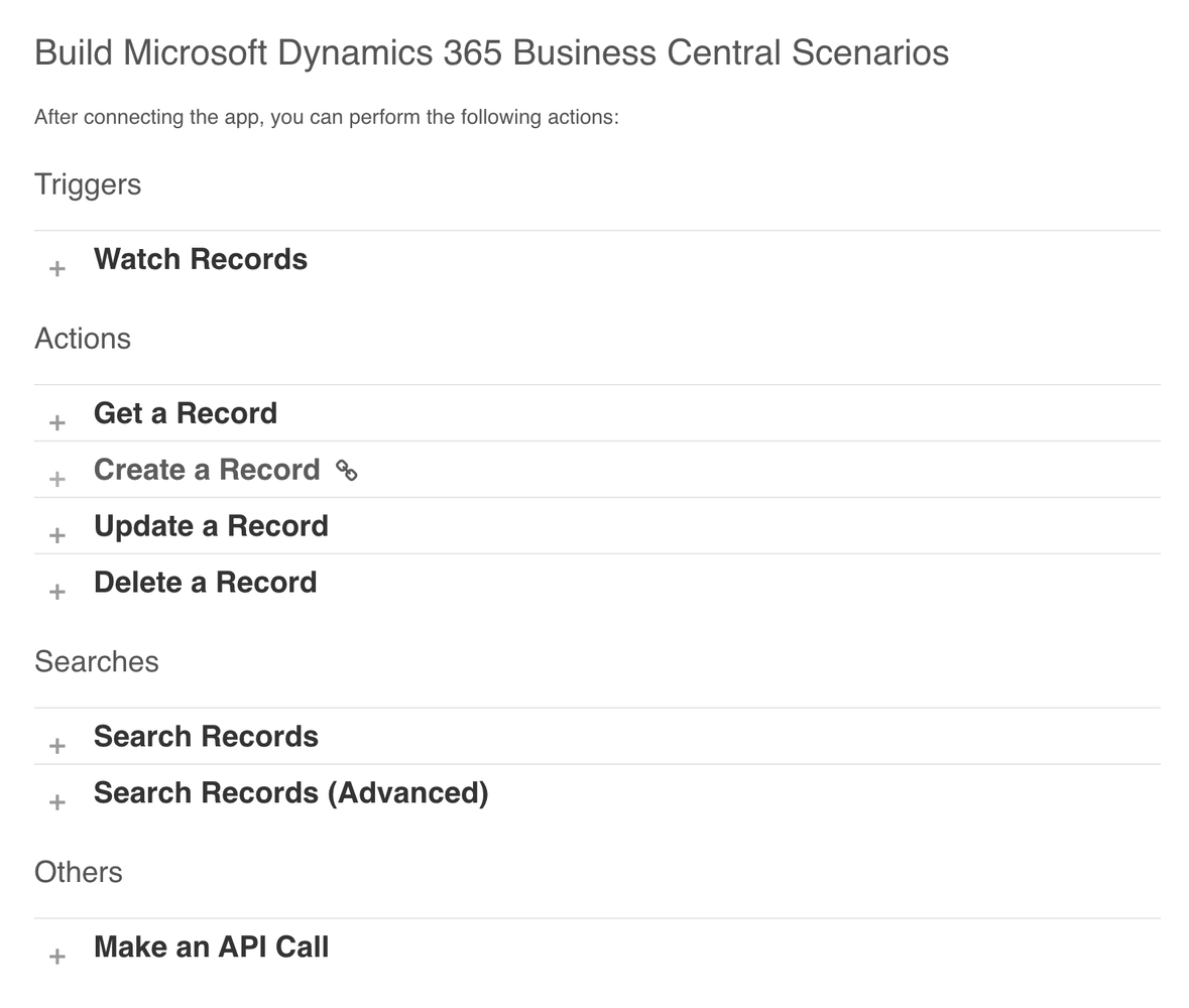 Make.com triggers and actions for Business Central
