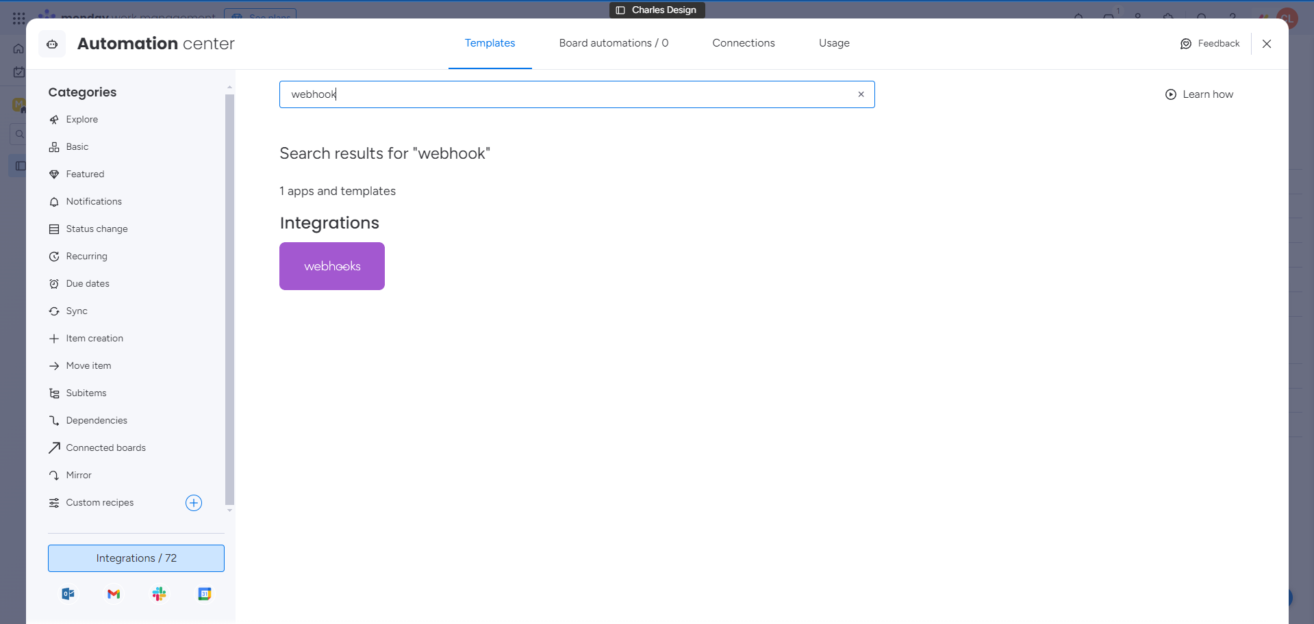 Search and select Webhooks
